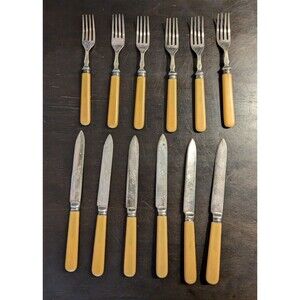Set of 12 Vintage Yellow Celluloid Knives & Forks Flatware Silver Plated